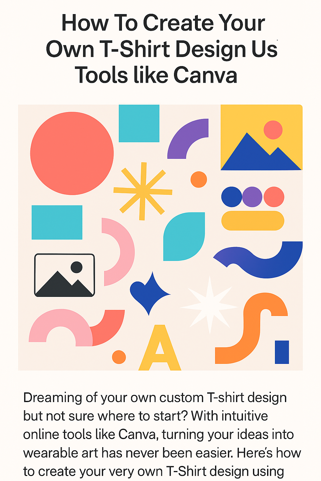 Abstract collage of colorful shapes and design elements representing digital t-shirt design using Canva
