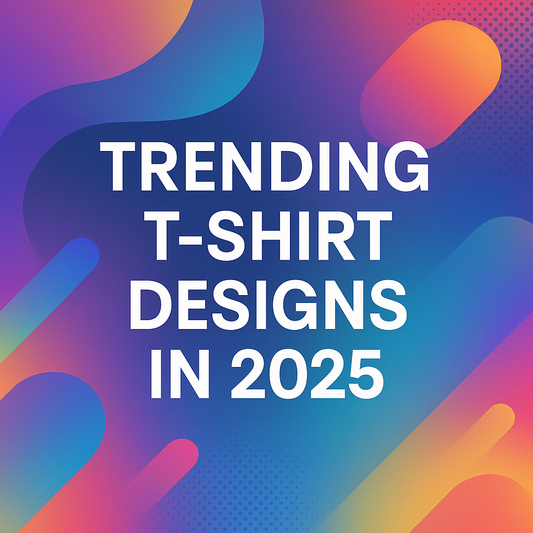 Colorful gradient graphic with text 'Trending T-shirt Designs in 2025' and abstract shapes