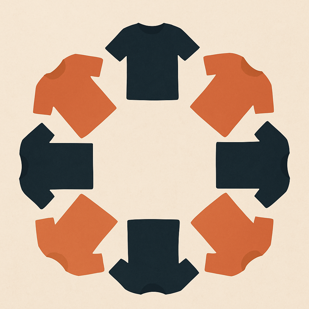 Abstract circle of orange and navy t-shirts representing employee unity and a fresh start.