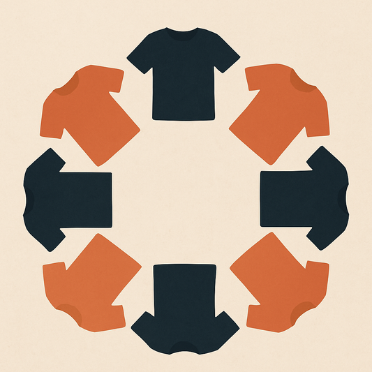 Abstract circle of orange and navy t-shirts representing employee unity and a fresh start.